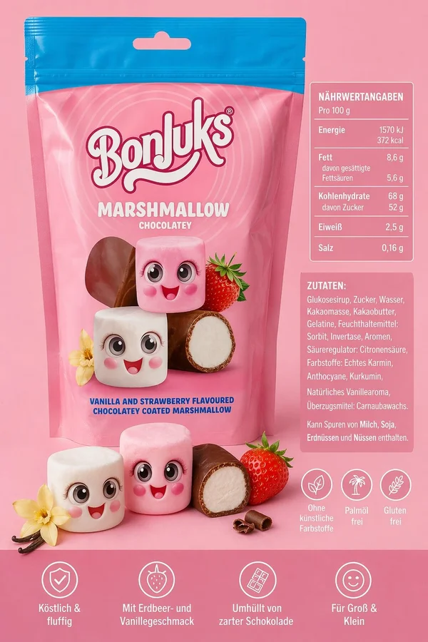 Bonjuks Marshmallow Chocolatey – Erdbeere & Vanille (Halal)